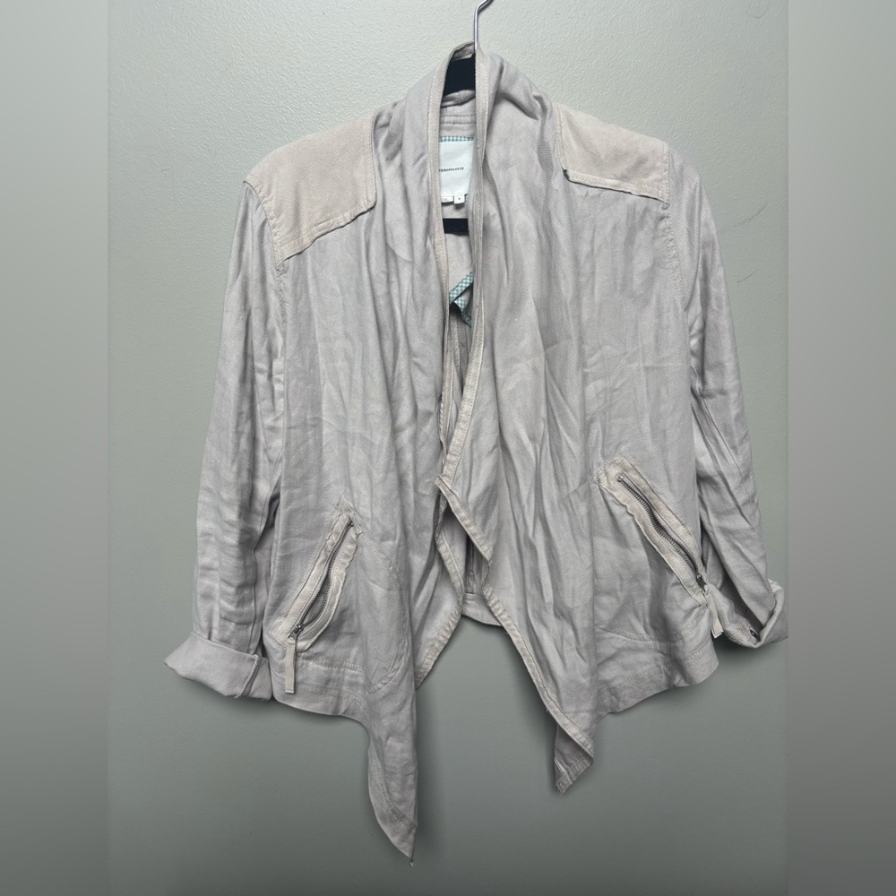 Anthropology women’s light weight open jacket w/ faux suede like trim